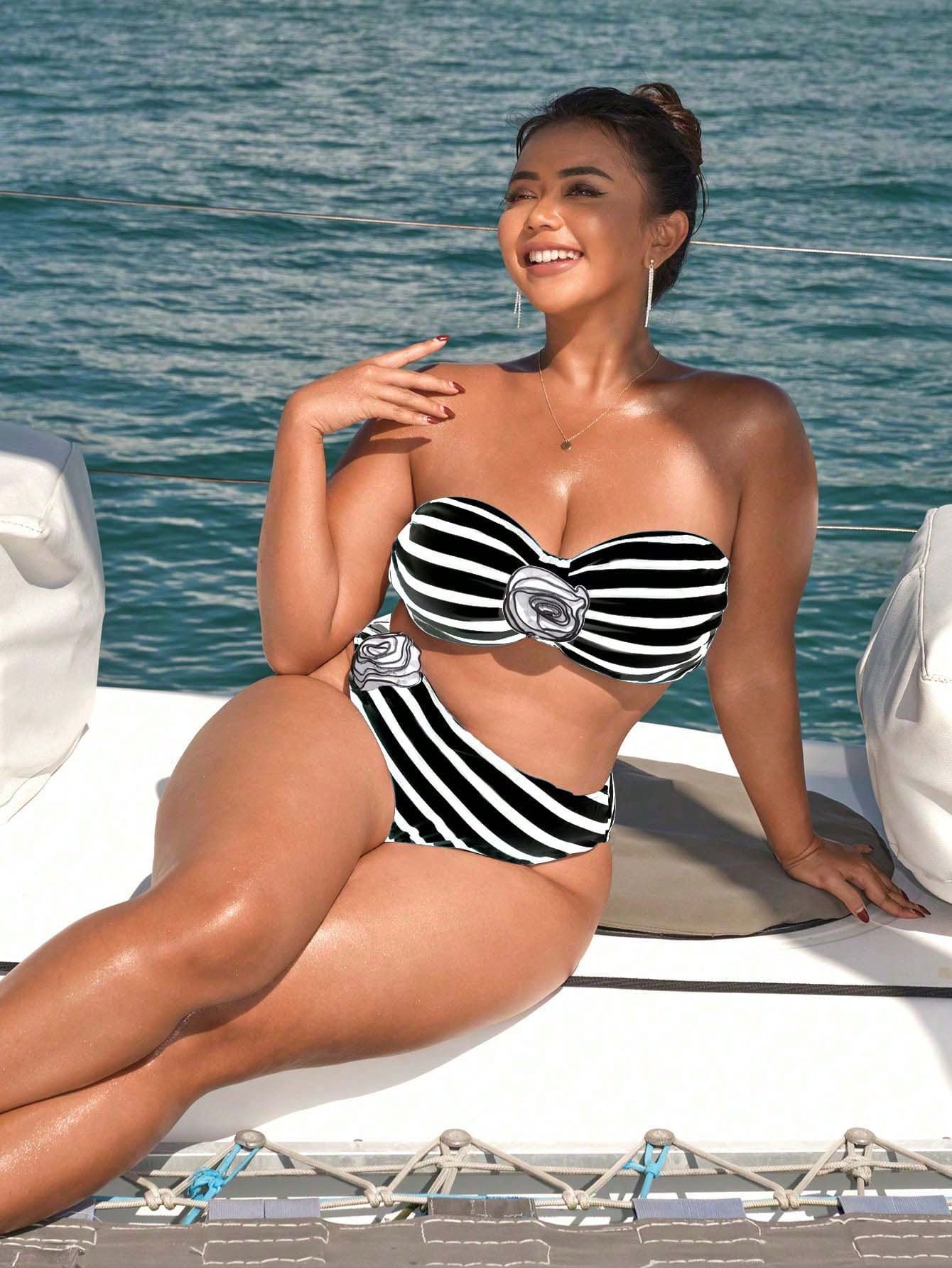 BiquĂni Plus Size Listrado Flor 3D Pietra